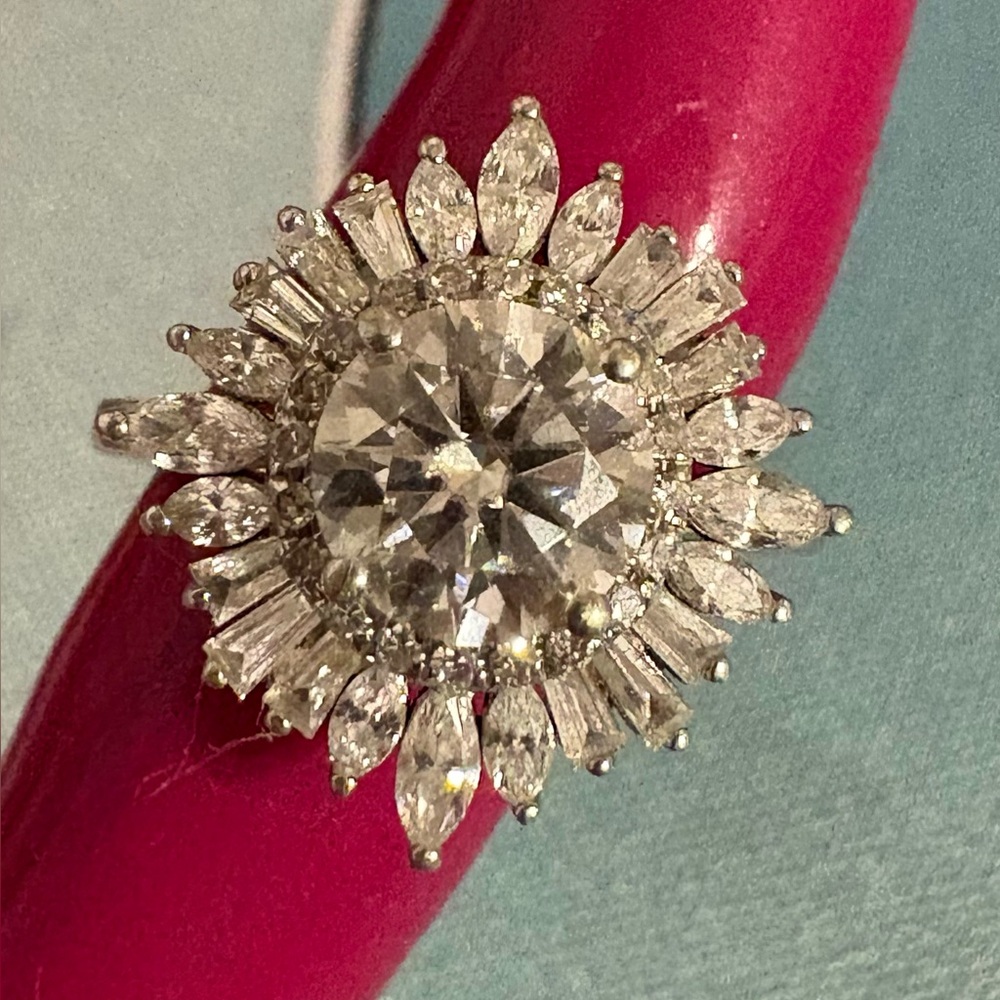 Moissanite Halo Ring Sunburst Floral | Size 5.5 | Sterling Silver | Engagement